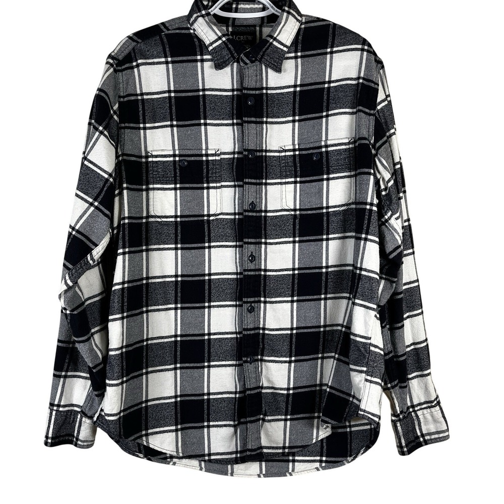J.Crew Factory Women's Plaid‎ Flannel Button Shirt Black White Size L Cabincore
